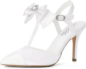 Mofri ShowHow Womens High Heels Closed Splicing Pointed Toe Stiletto Bow Tie Slingback Heeled Shoes Ankle Strap Wedding Pumps Bridal Party Work Dress Shoes