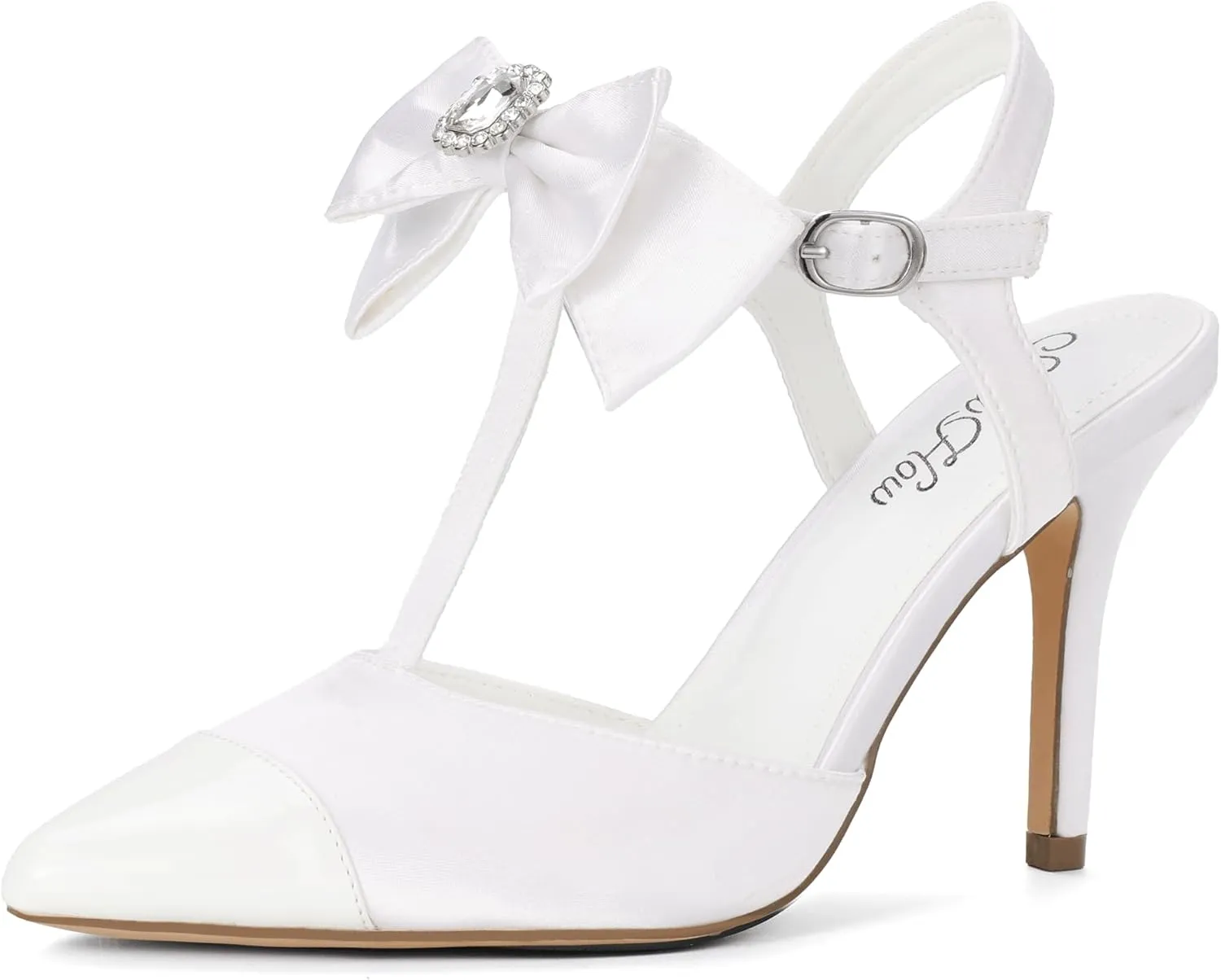 Mofri ShowHow Womens High Heels Closed Splicing Pointed Toe Stiletto Bow Tie Slingback Heeled Shoes Ankle Strap Wedding Pumps Bridal Party Work Dress Shoes