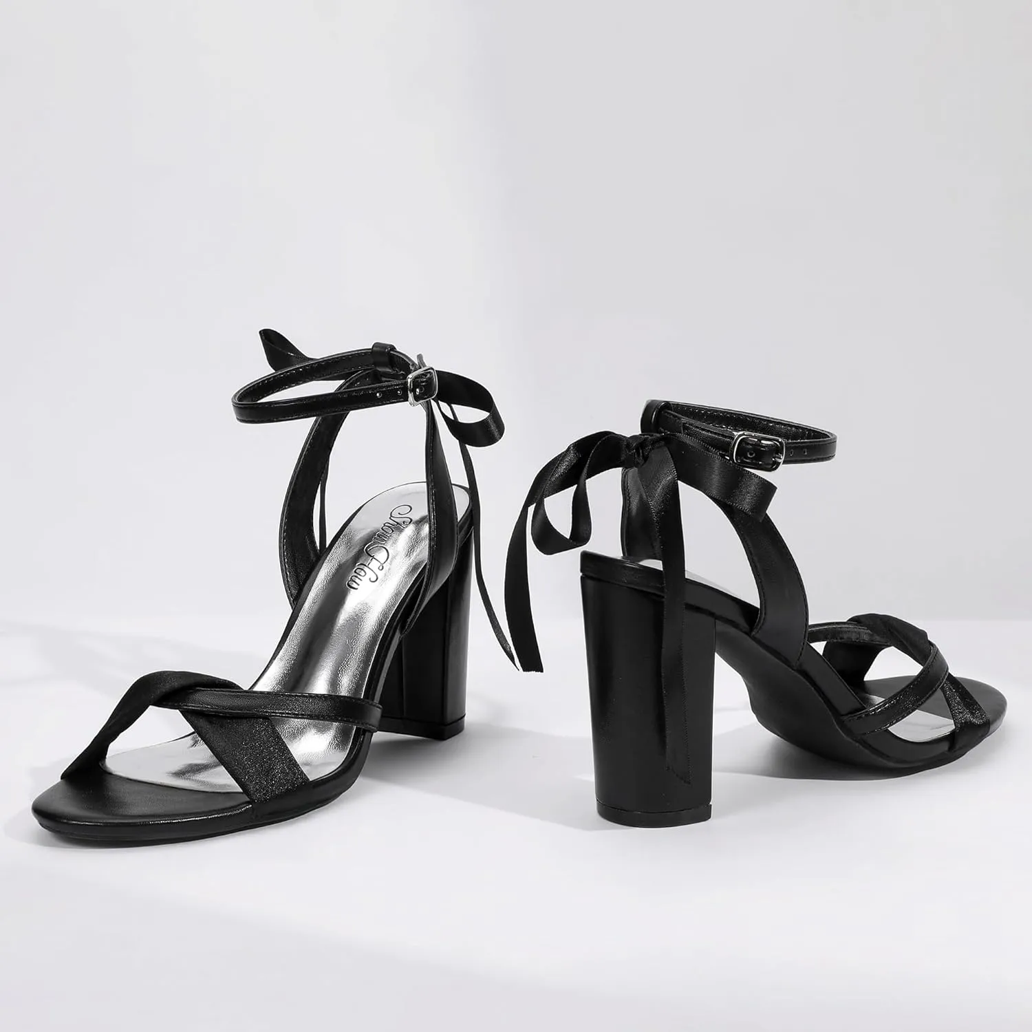Mofri ShowHow Women's Silk Bow Tie Heels Ankle Strap Chunky Block Heel Dress Sandals Cross Strap Open Toe Wedding Bridal Heels