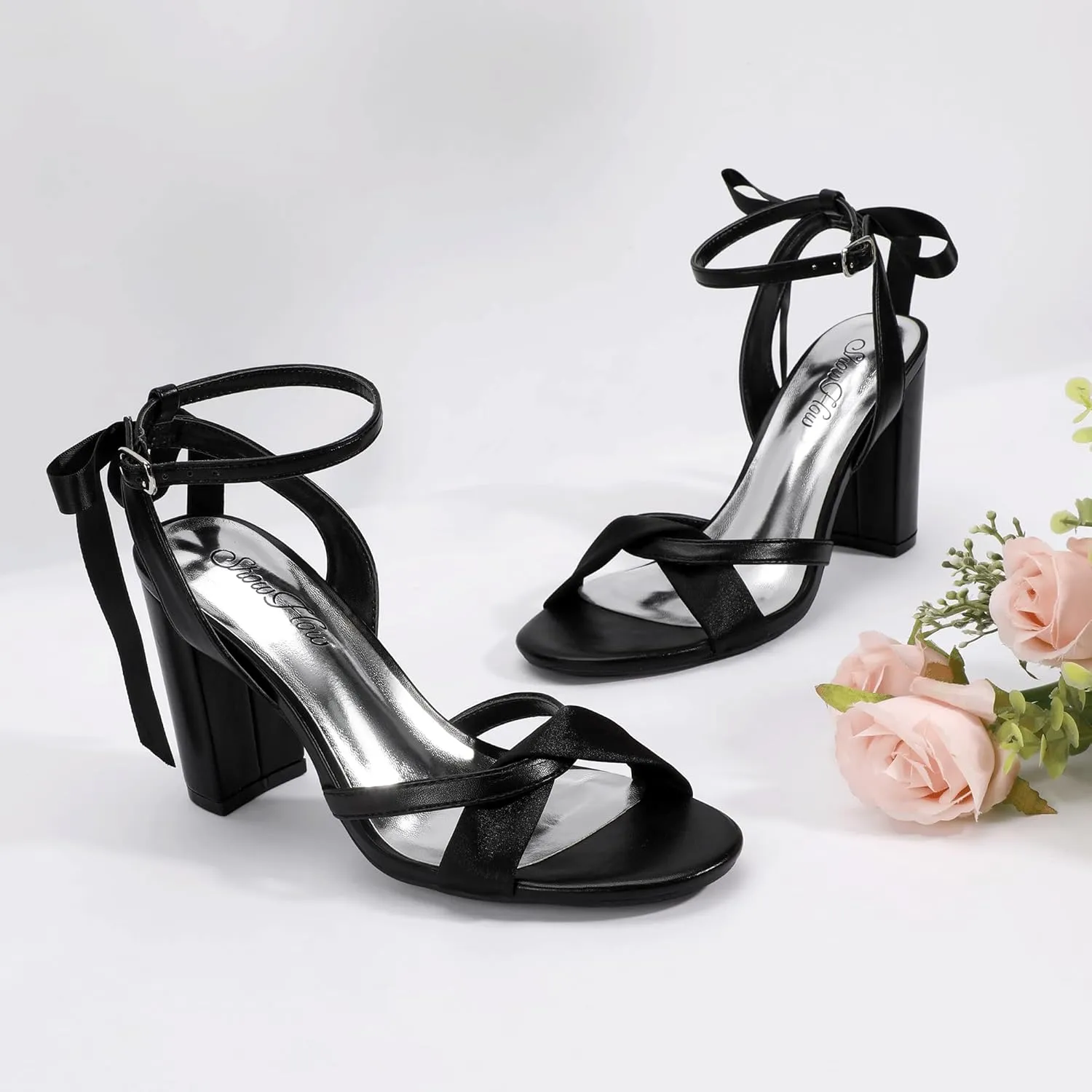 Mofri ShowHow Women's Silk Bow Tie Heels Ankle Strap Chunky Block Heel Dress Sandals Cross Strap Open Toe Wedding Bridal Heels