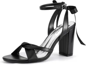 Mofri ShowHow Women's Silk Bow Tie Heels Ankle Strap Chunky Block Heel Dress Sandals Cross Strap Open Toe Wedding Bridal Heels