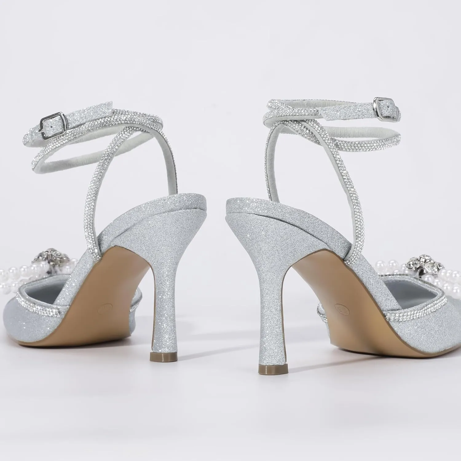 Mofri ShowHow Womens Wedding High Heels Slingback Stiletto Heels Closed Pointed Toe Strappy Heels Ankle Strap Pumps Rhinestone Pearl Bow Heels Bridal Party Wedding Dress Shoes