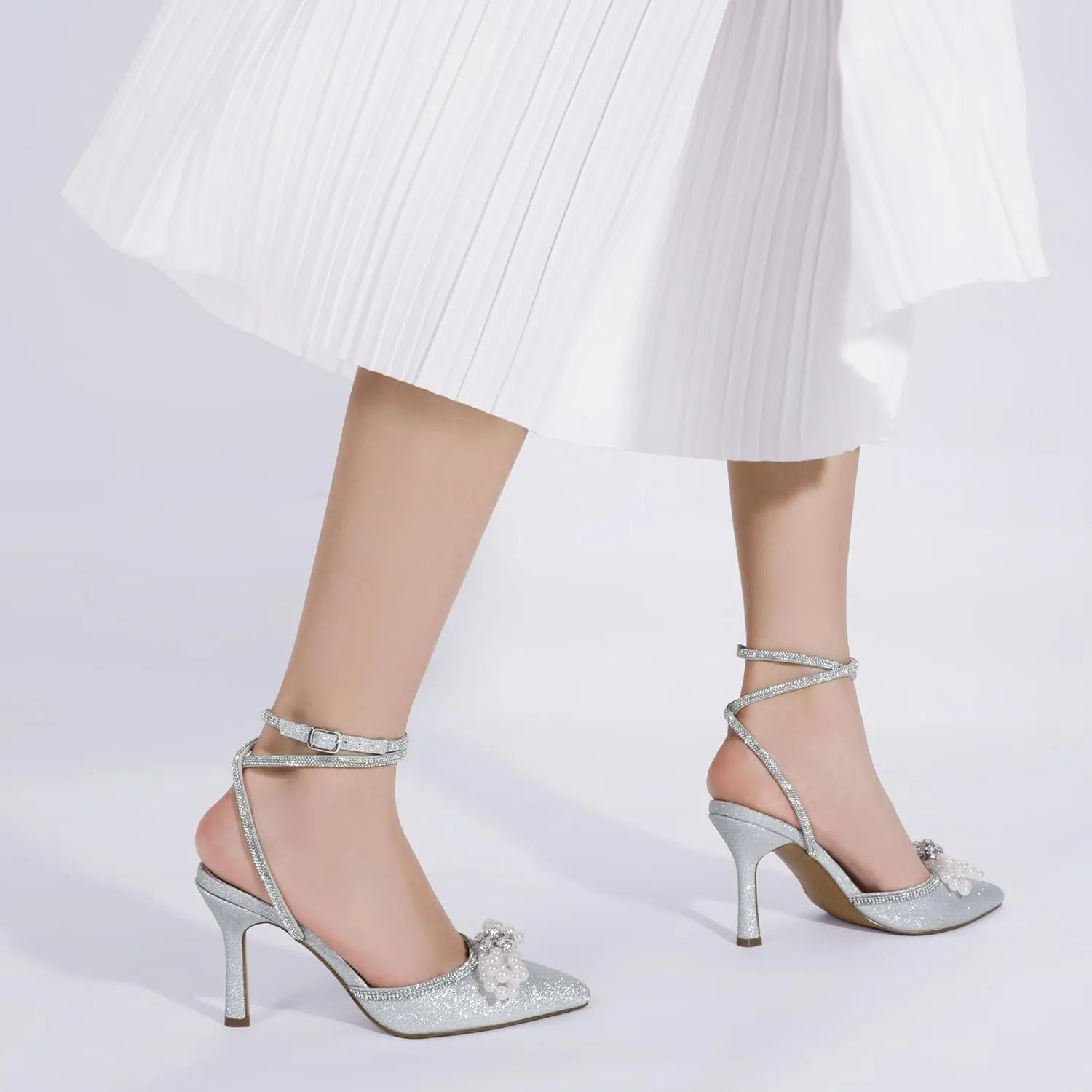 Mofri ShowHow Womens Wedding High Heels Slingback Stiletto Heels Closed Pointed Toe Strappy Heels Ankle Strap Pumps Rhinestone Pearl Bow Heels Bridal Party Wedding Dress Shoes