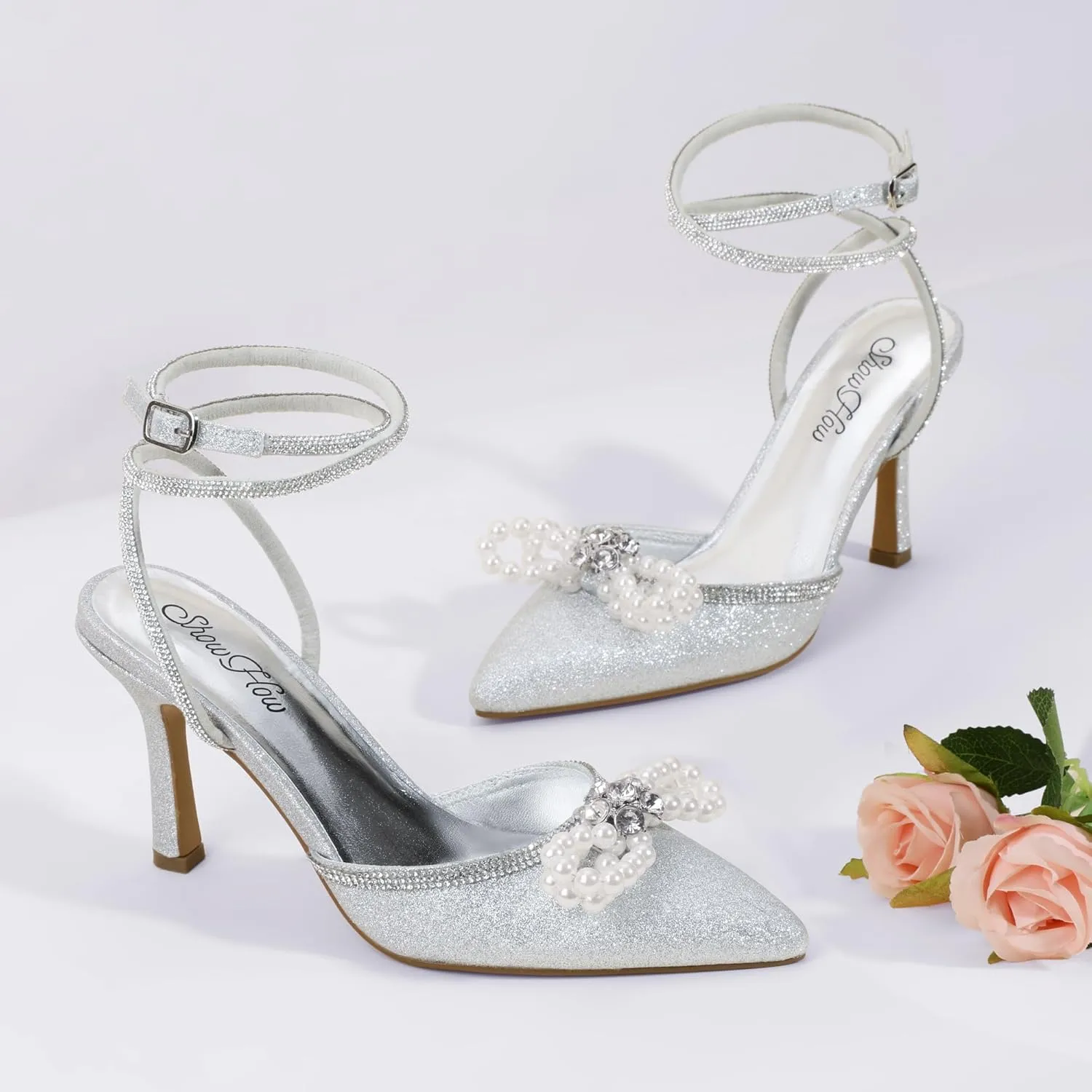 Mofri ShowHow Womens Wedding High Heels Slingback Stiletto Heels Closed Pointed Toe Strappy Heels Ankle Strap Pumps Rhinestone Pearl Bow Heels Bridal Party Wedding Dress Shoes