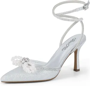Mofri ShowHow Womens Wedding High Heels Slingback Stiletto Heels Closed Pointed Toe Strappy Heels Ankle Strap Pumps Rhinestone Pearl Bow Heels Bridal Party Wedding Dress Shoes