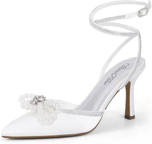 Mofri ShowHow Womens Wedding High Heels Slingback Stiletto Heels Closed Pointed Toe Strappy Heels Ankle Strap Pumps Rhinestone Pearl Bow Heels Bridal Party Wedding Dress Shoes