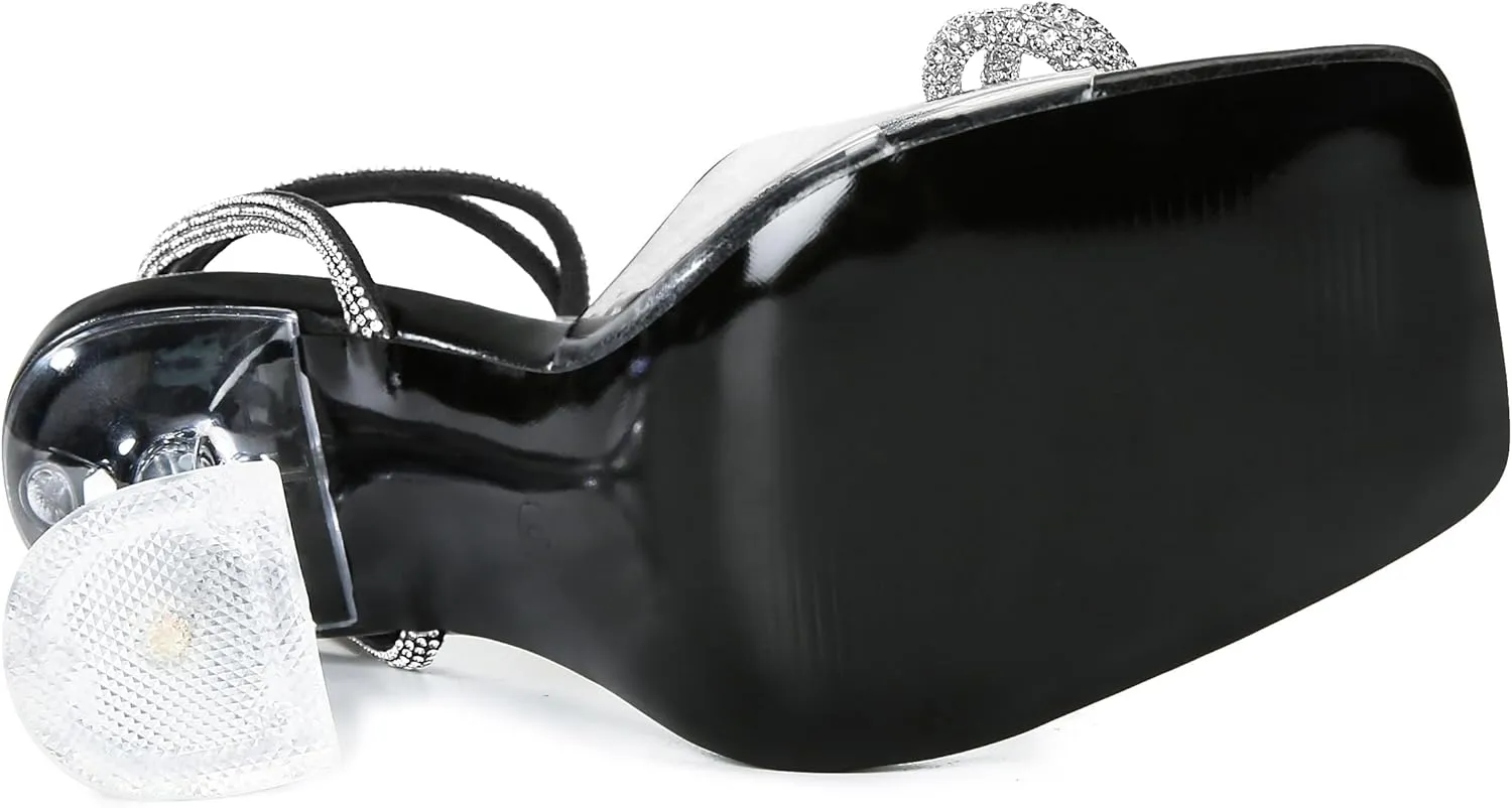 NBUUNBU Double Rhinestone Bowknots Clear Heels for Women Sexy Square Toe Strappy High Heels Slingback Bow Sandals Transparent Butterfly Ankle Strap Heels Kitten Crystal Stiletto Comfortable Wedding Shoes