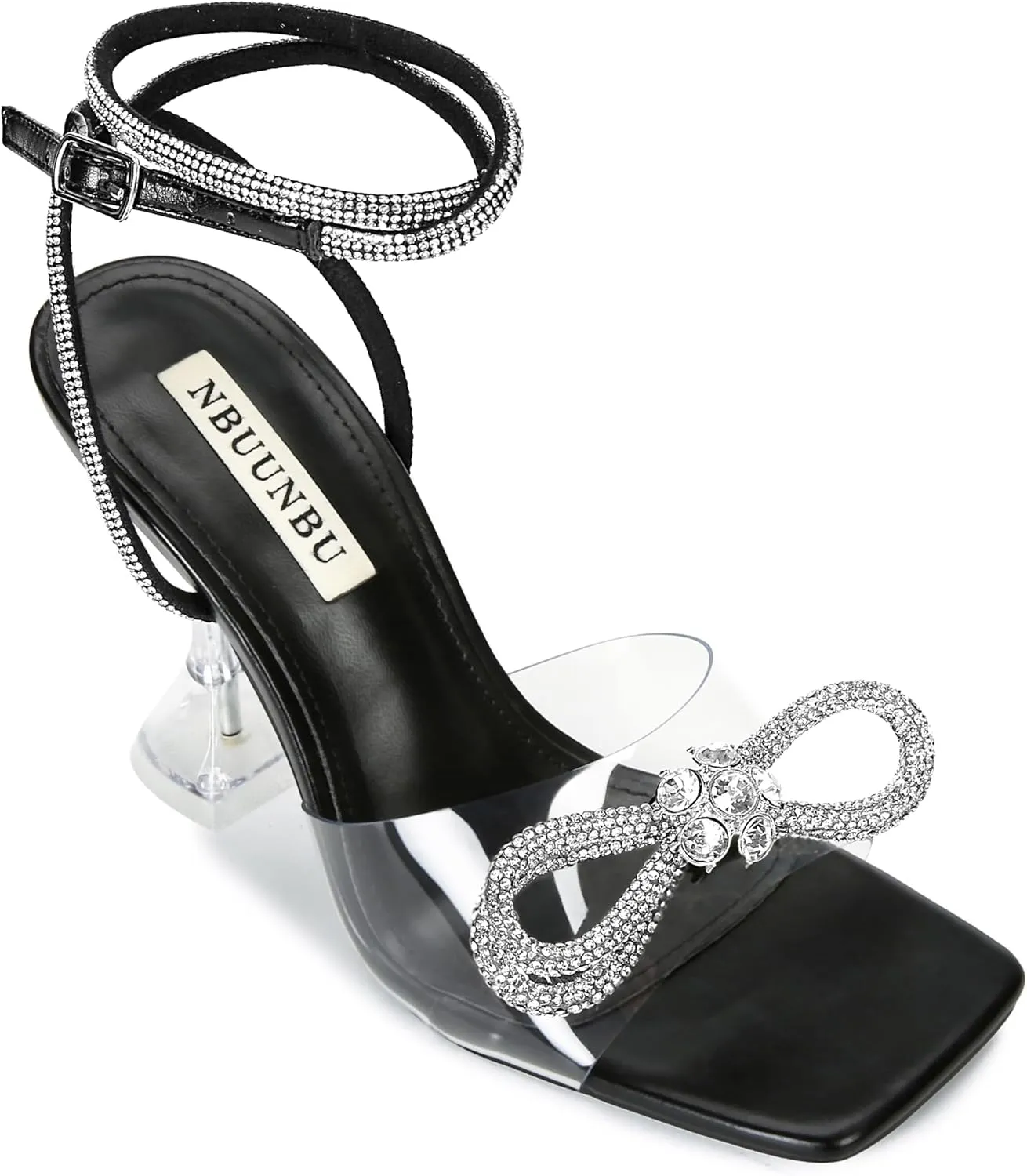 NBUUNBU Double Rhinestone Bowknots Clear Heels for Women Sexy Square Toe Strappy High Heels Slingback Bow Sandals Transparent Butterfly Ankle Strap Heels Kitten Crystal Stiletto Comfortable Wedding Shoes