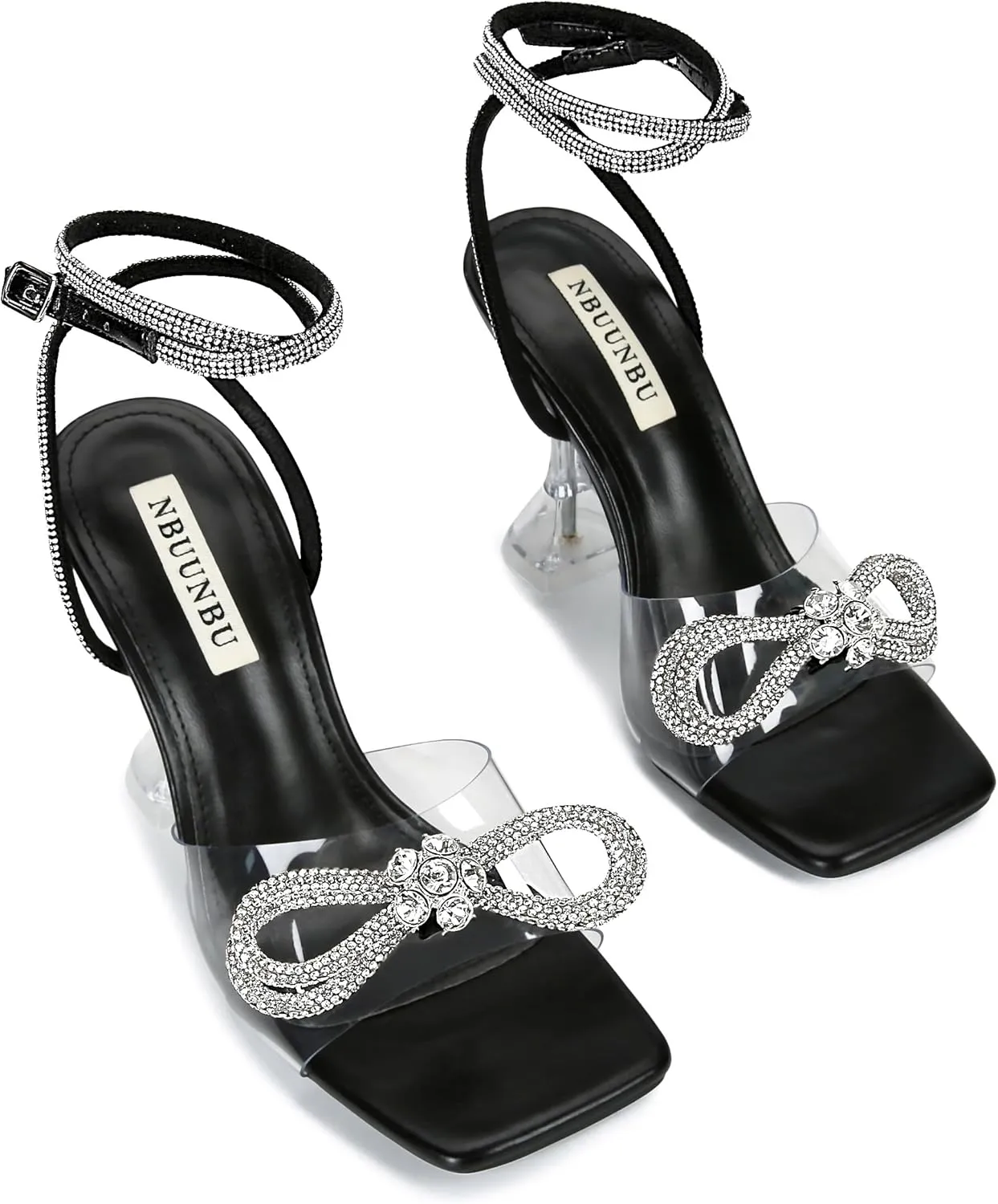 NBUUNBU Double Rhinestone Bowknots Clear Heels for Women Sexy Square Toe Strappy High Heels Slingback Bow Sandals Transparent Butterfly Ankle Strap Heels Kitten Crystal Stiletto Comfortable Wedding Shoes