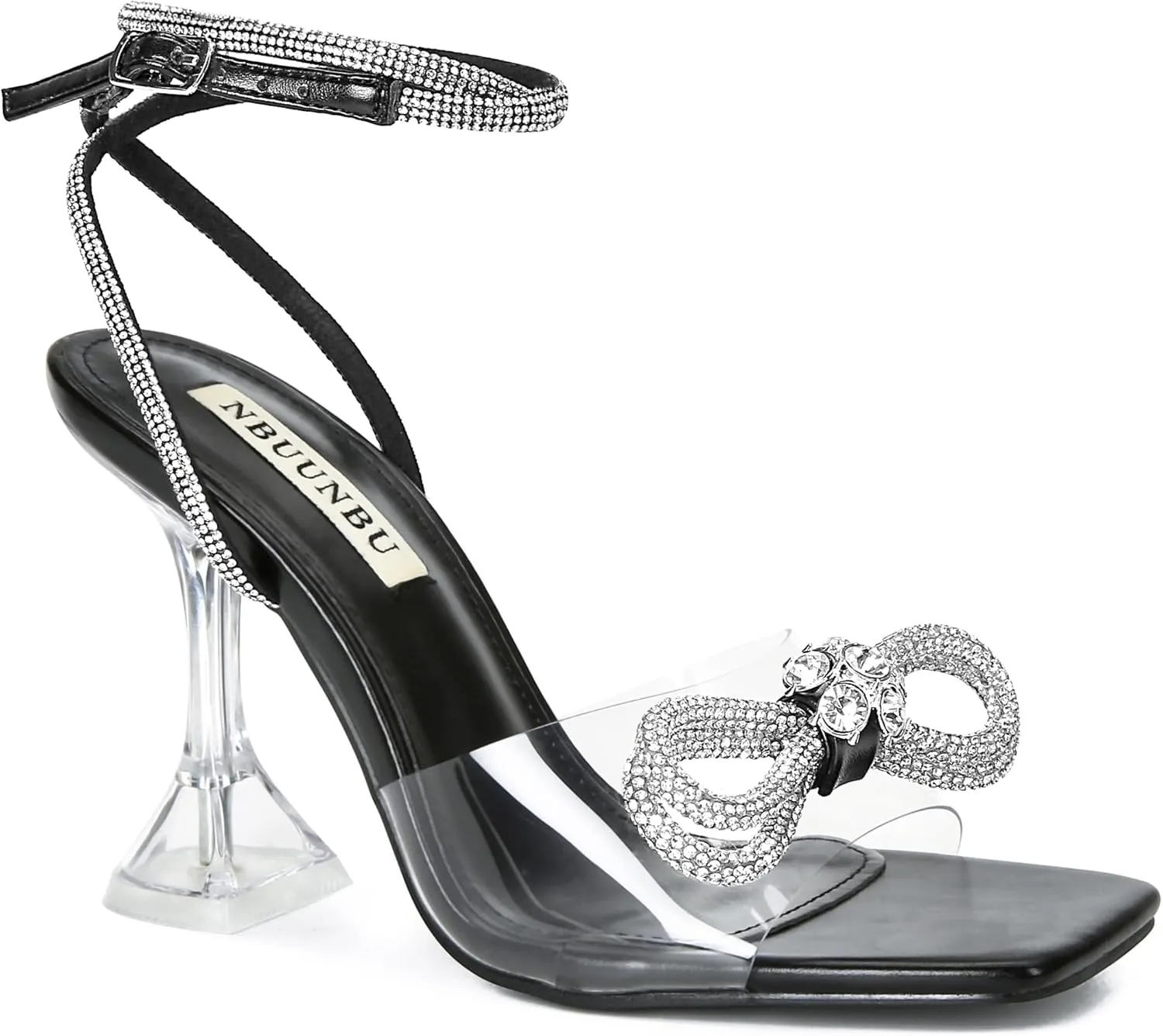 NBUUNBU Double Rhinestone Bowknots Clear Heels for Women Sexy Square Toe Strappy High Heels Slingback Bow Sandals Transparent Butterfly Ankle Strap Heels Kitten Crystal Stiletto Comfortable Wedding Shoes