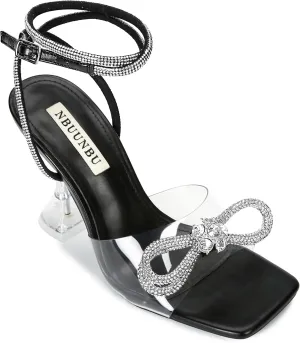 NBUUNBU Double Rhinestone Bowknots Clear Heels for Women Sexy Square Toe Strappy High Heels Slingback Bow Sandals Transparent Butterfly Ankle Strap Heels Kitten Crystal Stiletto Comfortable Wedding Shoes