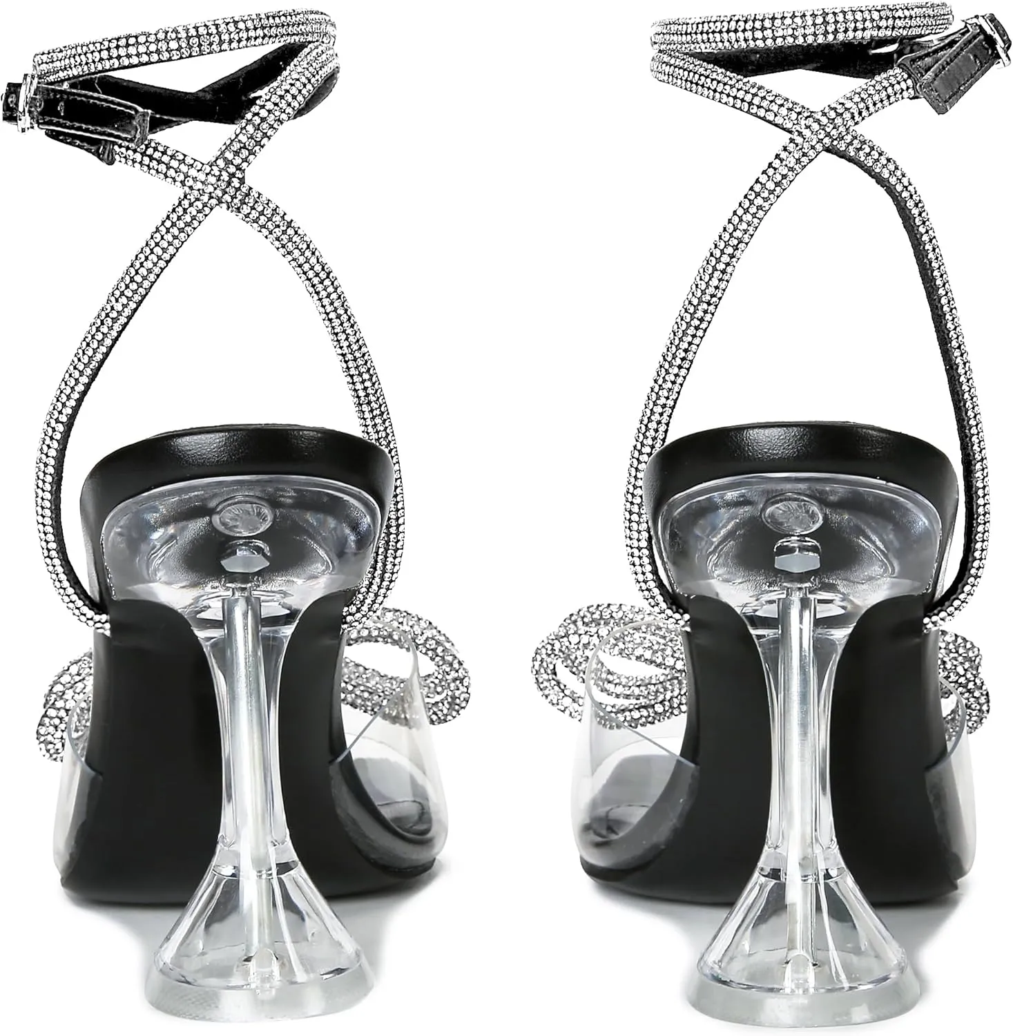 NBUUNBU Double Rhinestone Bowknots Clear Heels for Women Sexy Square Toe Strappy High Heels Slingback Bow Sandals Transparent Butterfly Ankle Strap Heels Kitten Crystal Stiletto Comfortable Wedding Shoes