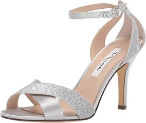 NINA Womens Glitter Ankle Strap Heel Sandals Silver 7 Medium (B,M)
