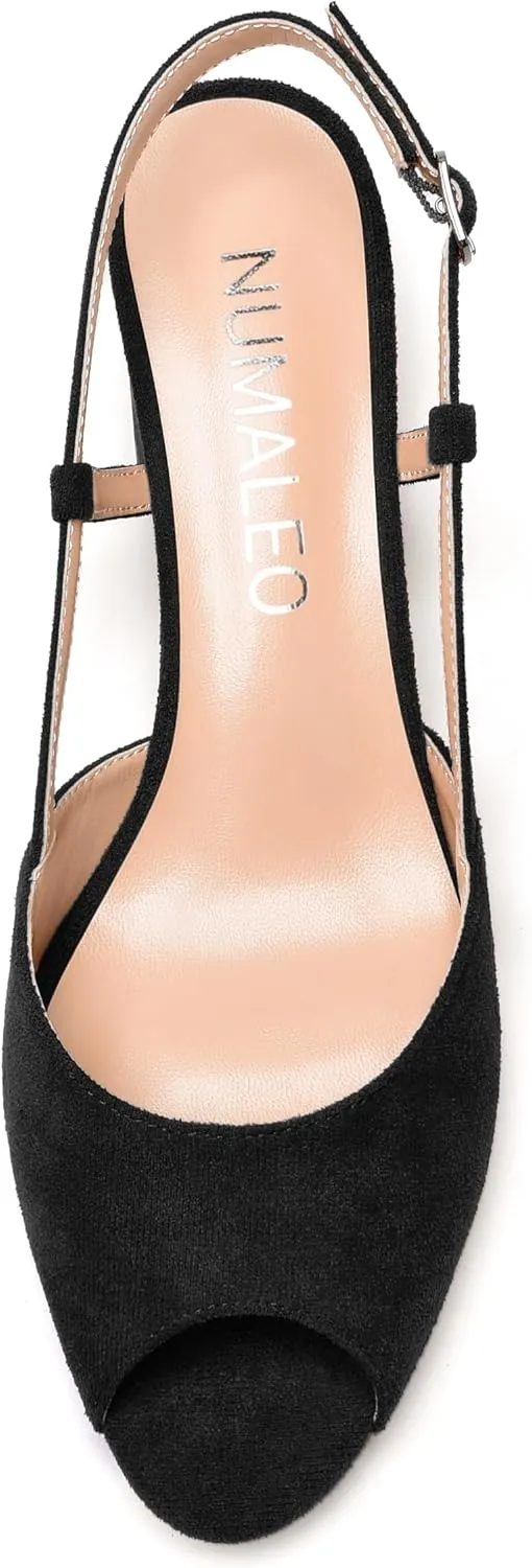 NUMALEO Womens Party Suede Buckle Comfortable Slingback Peep Toe Sexy Chunky Low Heel Pumps Shoes 2 Inch