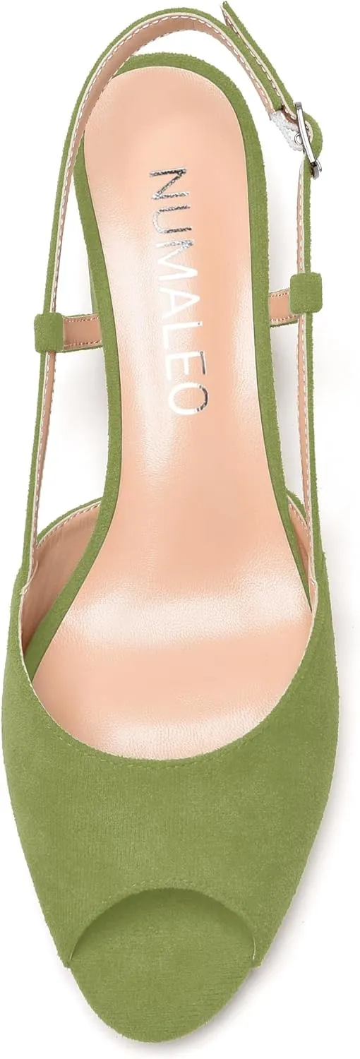 NUMALEO Womens Party Suede Buckle Comfortable Slingback Peep Toe Sexy Chunky Low Heel Pumps Shoes 2 Inch