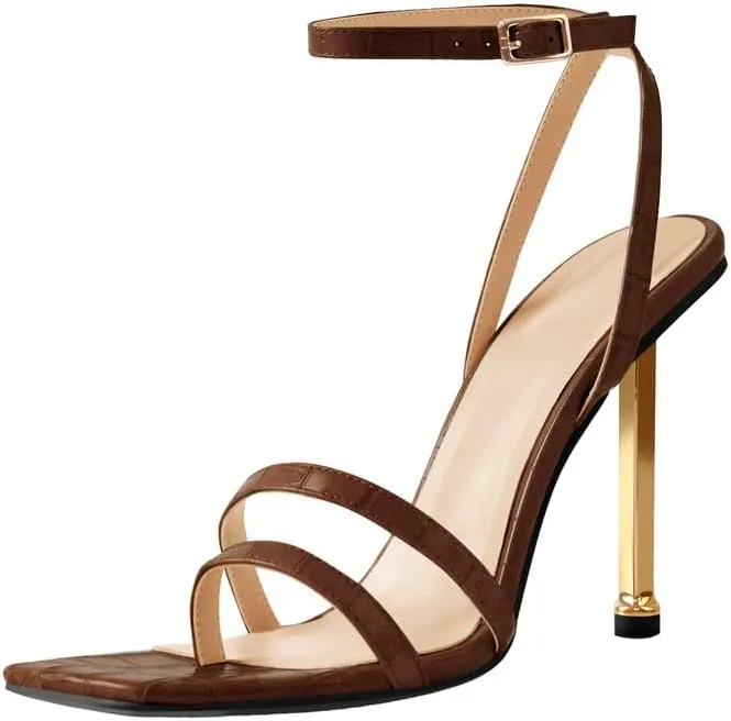 onlymaker Women's Fashion Square Toe Ankle Sandals Cross Buckle Strap Sexy Open-back Golden Stiletto High Heel Sandals
