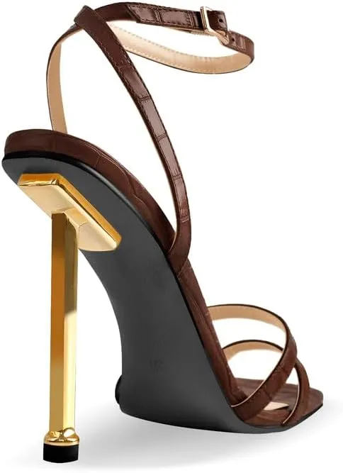 onlymaker Women's Fashion Square Toe Ankle Sandals Cross Buckle Strap Sexy Open-back Golden Stiletto High Heel Sandals