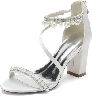 Open Toe Chunky Block Heels Satin Pearl Heels Wedding Shoes for Bride High Heels Strappy Bridal Shoes Prom Party Dress Shoes Pumps for Women
