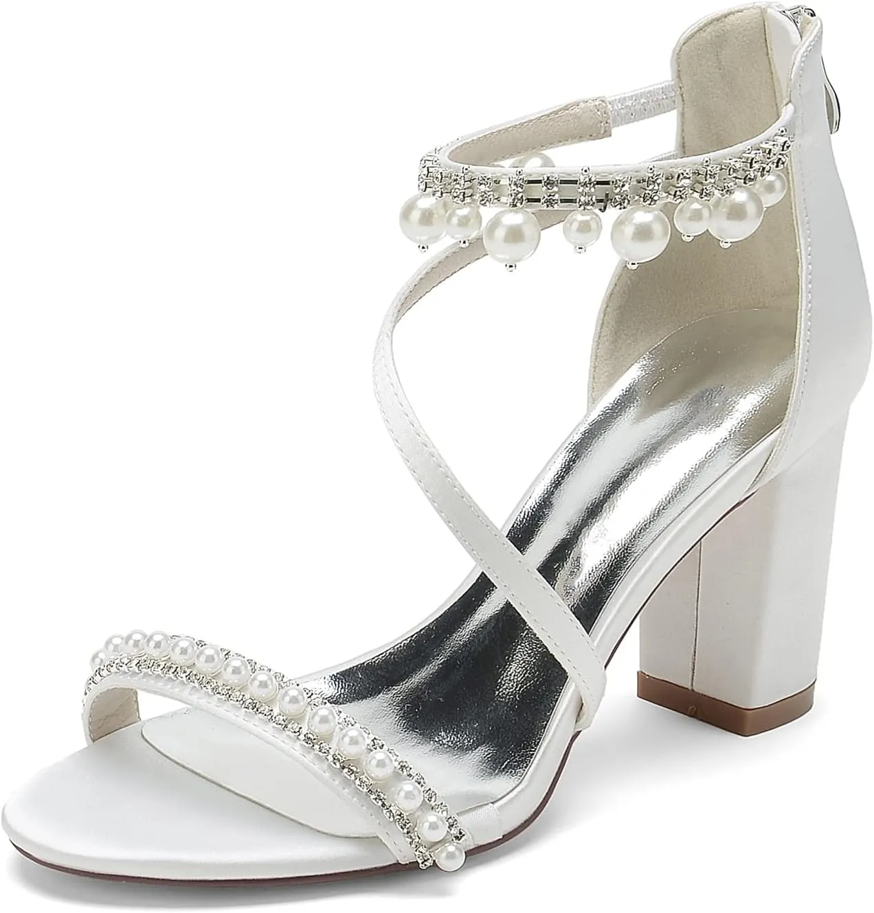 Open Toe Chunky Block Heels Satin Pearl Heels Wedding Shoes for Bride High Heels Strappy Bridal Shoes Prom Party Dress Shoes Pumps for Women