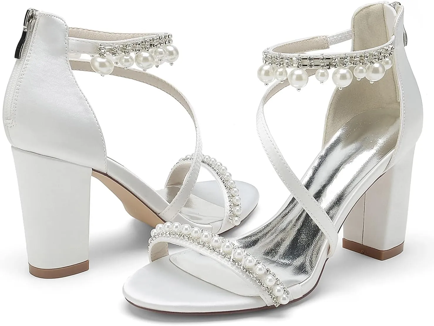 Open Toe Chunky Block Heels Satin Pearl Heels Wedding Shoes for Bride High Heels Strappy Bridal Shoes Prom Party Dress Shoes Pumps for Women