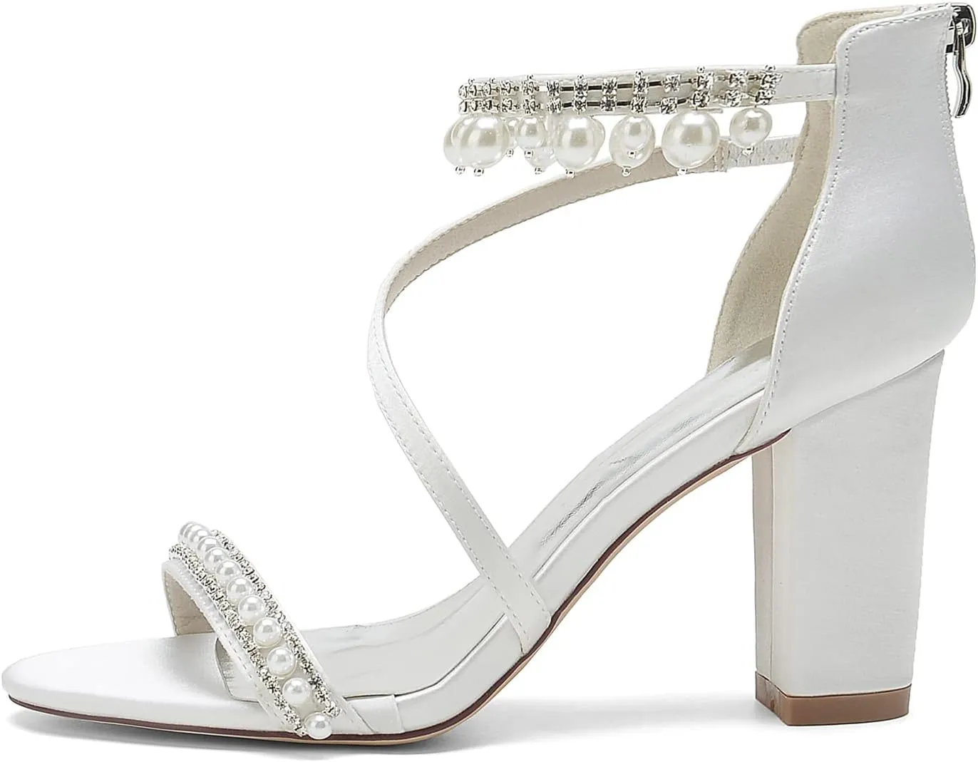 Open Toe Chunky Block Heels Satin Pearl Heels Wedding Shoes for Bride High Heels Strappy Bridal Shoes Prom Party Dress Shoes Pumps for Women