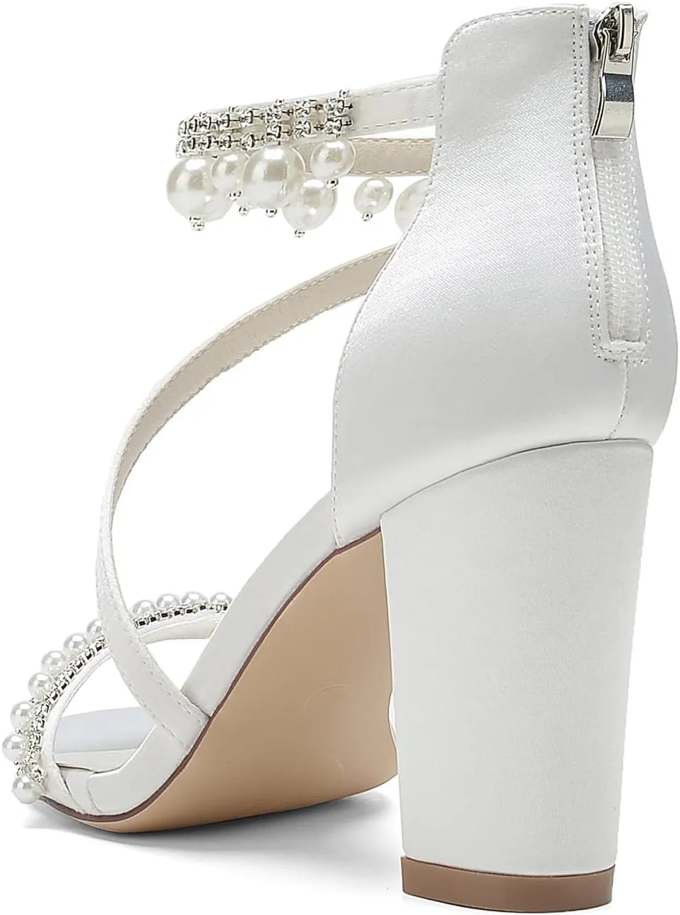 Open Toe Chunky Block Heels Satin Pearl Heels Wedding Shoes for Bride High Heels Strappy Bridal Shoes Prom Party Dress Shoes Pumps for Women