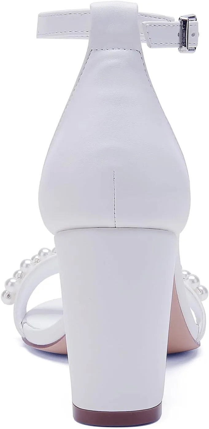 Open Toe Chunky Block Heels Satin Pearl Wedding Shoes for Bride High Heels Sandals Bridal Shoes Evening Prom Party Dress Shoes Pumps for Women