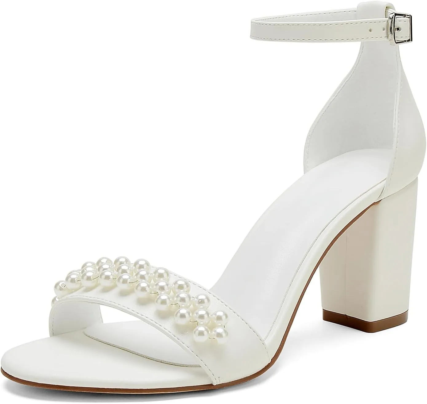 Open Toe Chunky Block Heels Satin Pearl Wedding Shoes for Bride High Heels Sandals Bridal Shoes Evening Prom Party Dress Shoes Pumps for Women