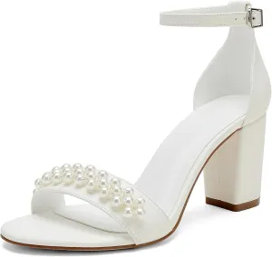 Open Toe Chunky Block Heels Satin Pearl Wedding Shoes for Bride High Heels Sandals Bridal Shoes Evening Prom Party Dress Shoes Pumps for Women