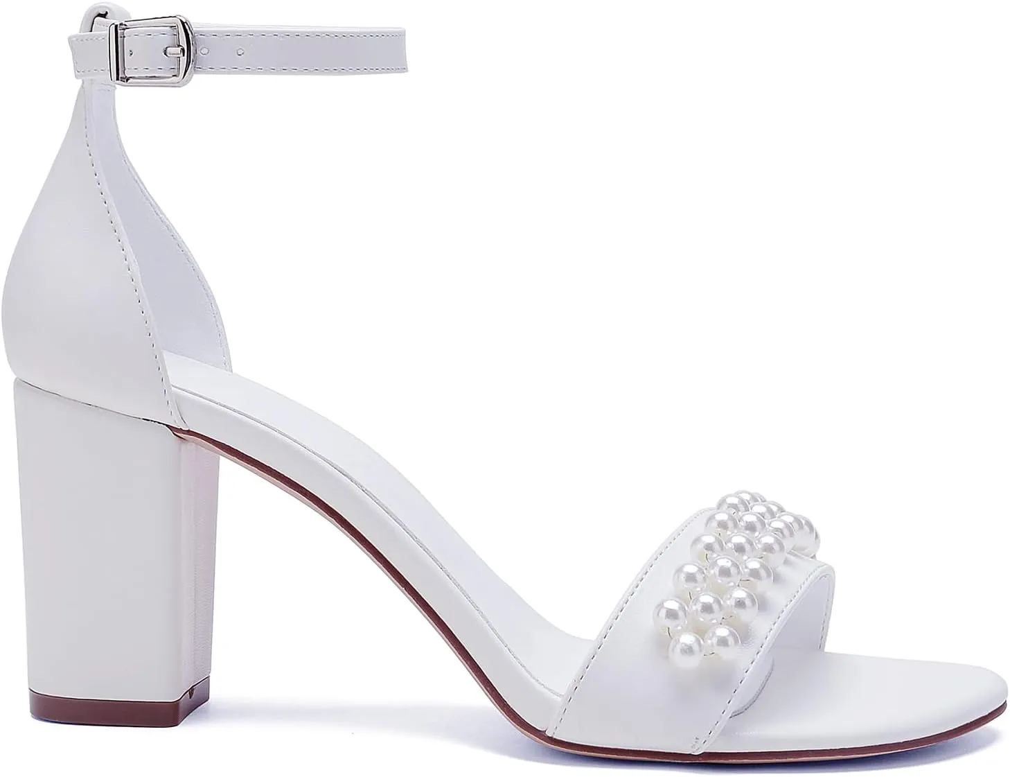 Open Toe Chunky Block Heels Satin Pearl Wedding Shoes for Bride High Heels Sandals Bridal Shoes Evening Prom Party Dress Shoes Pumps for Women