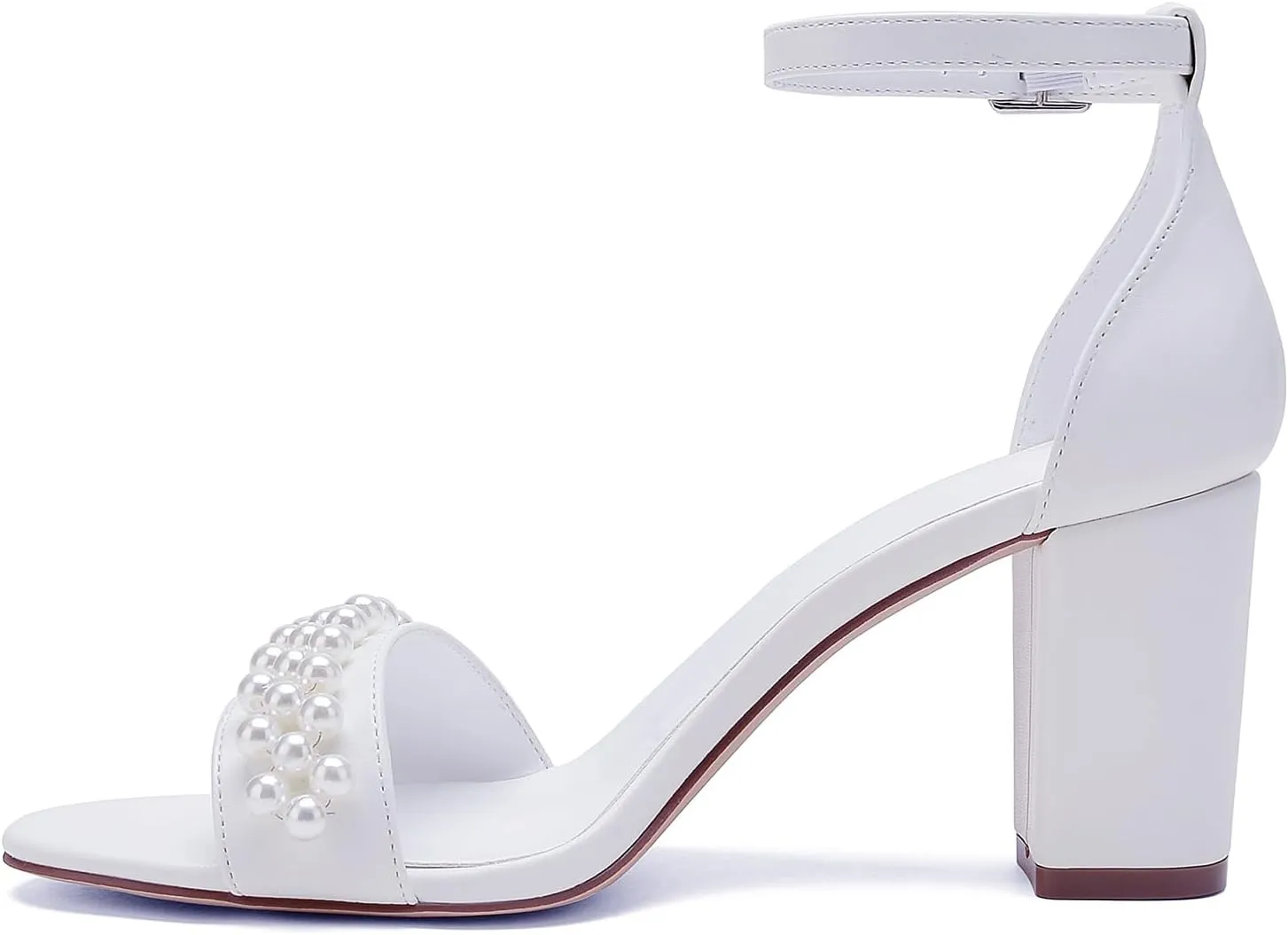 Open Toe Chunky Block Heels Satin Pearl Wedding Shoes for Bride High Heels Sandals Bridal Shoes Evening Prom Party Dress Shoes Pumps for Women