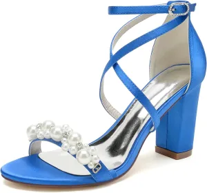 Open Toe Pearl Block Heels Wedding Shoes for Bride Women High Chunky Heels Bridal Shoes Crisscross Ankle Strap Satin Heels Sandals