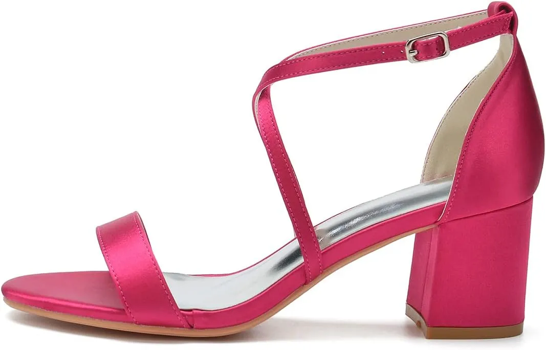 Open Toe Satin Block Heels Wedding Shoes for Bride Low Heels Criss Cross Straps Bridal Shoes Ankle Strap Prom Party Dress Shoes for Women
