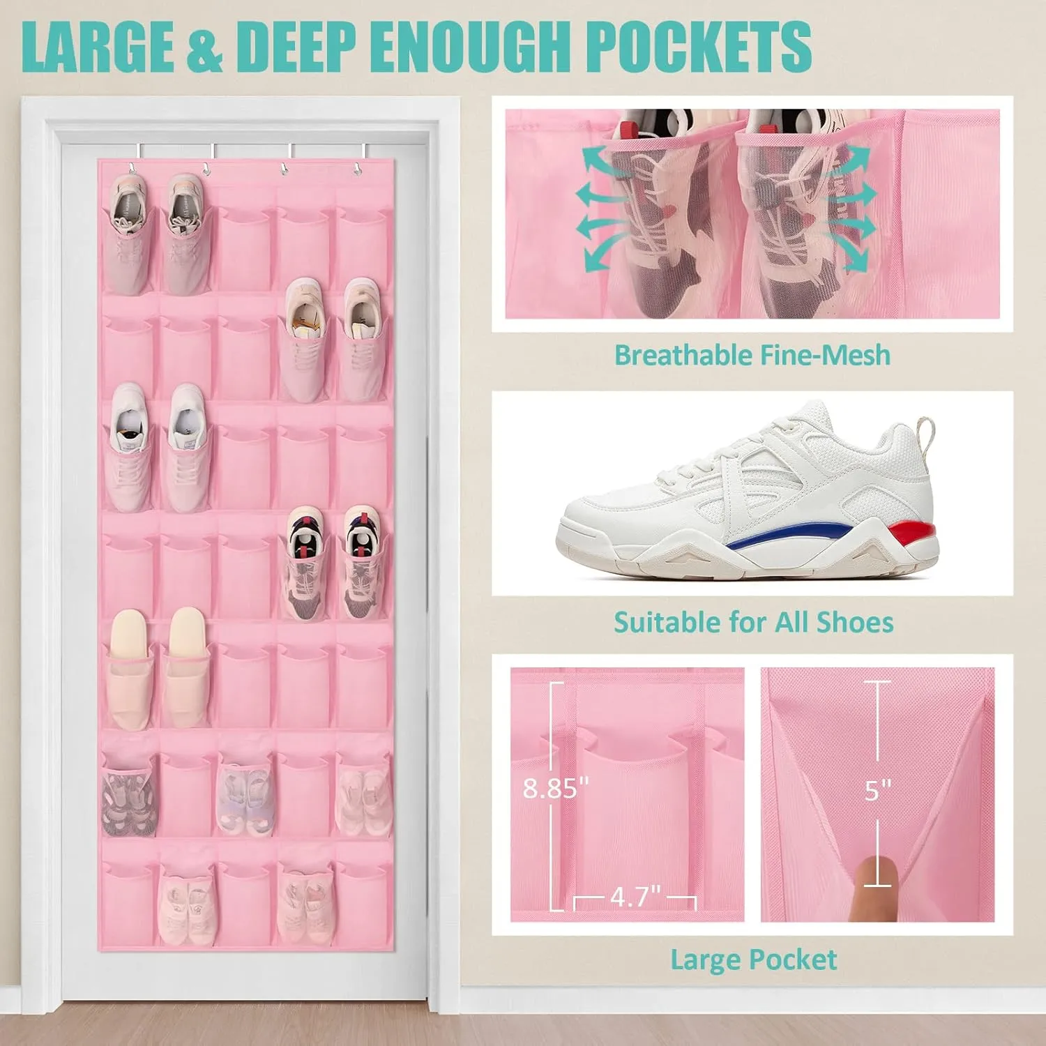 Over The Door Shoe Organizers Pink with 35 Durable Mesh Pockets Baby Organizer Storage Hanging Shoe Holder Rack For Toddler Girl/ Baby/ Craft Room Bedroom Pantry Bathroom Closet
