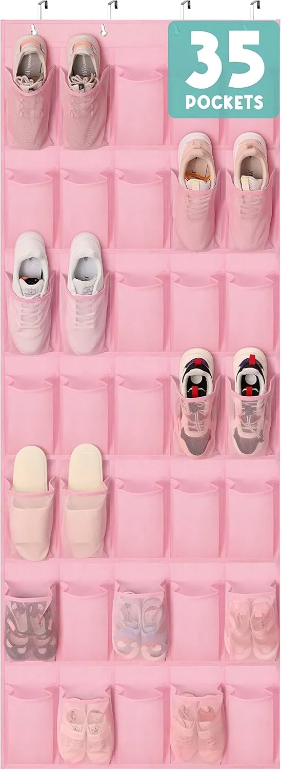 Over The Door Shoe Organizers Pink with 35 Durable Mesh Pockets Baby Organizer Storage Hanging Shoe Holder Rack For Toddler Girl/ Baby/ Craft Room Bedroom Pantry Bathroom Closet