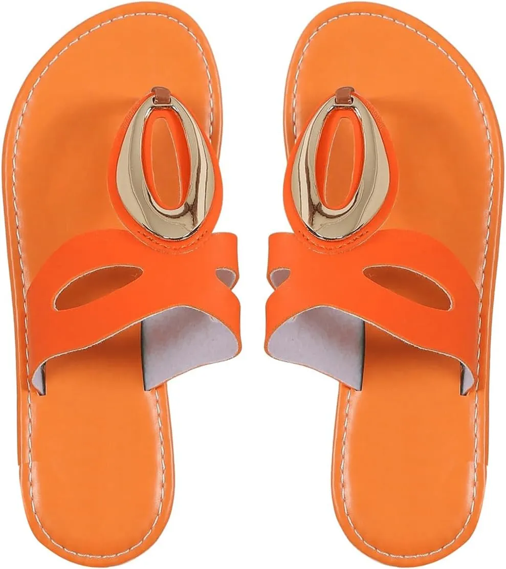 OYOANGLE Women's Metal Decor Leather Thong Sandals Open Toe Slip on Flat Sandal Casual Flip Flops