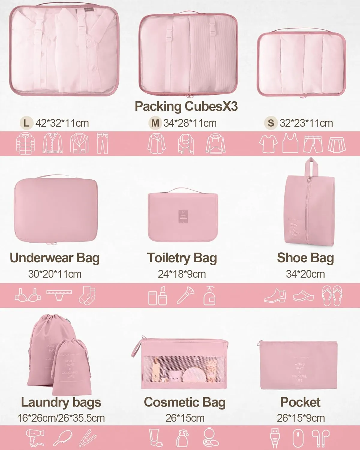 Packing Cubes 10 PCS, Mesh Breathable Luggage Organizers Bags, Packing Organizers, Durable Travel Essentials Bags Set, Travel Packing Organizers,Pink