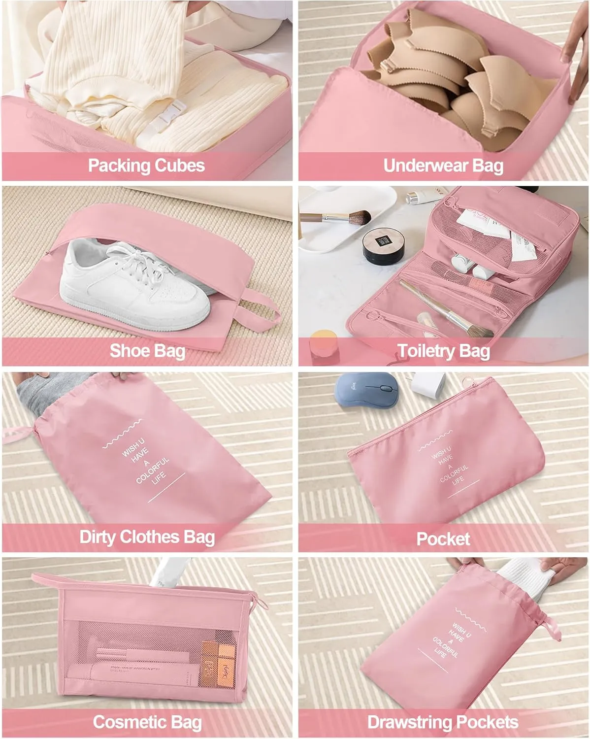 Packing Cubes 10 PCS, Mesh Breathable Luggage Organizers Bags, Packing Organizers, Durable Travel Essentials Bags Set, Travel Packing Organizers,Pink