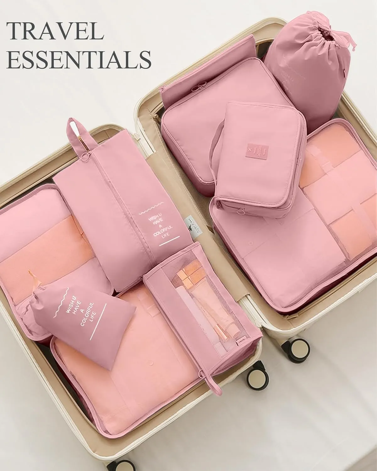 Packing Cubes 10 PCS, Mesh Breathable Luggage Organizers Bags, Packing Organizers, Durable Travel Essentials Bags Set, Travel Packing Organizers,Pink
