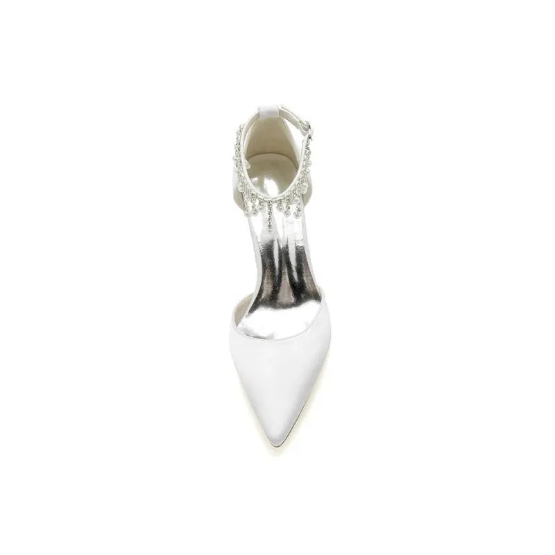 Pearl Beaded Pointed Toe Ankle Strap Chunky Heel