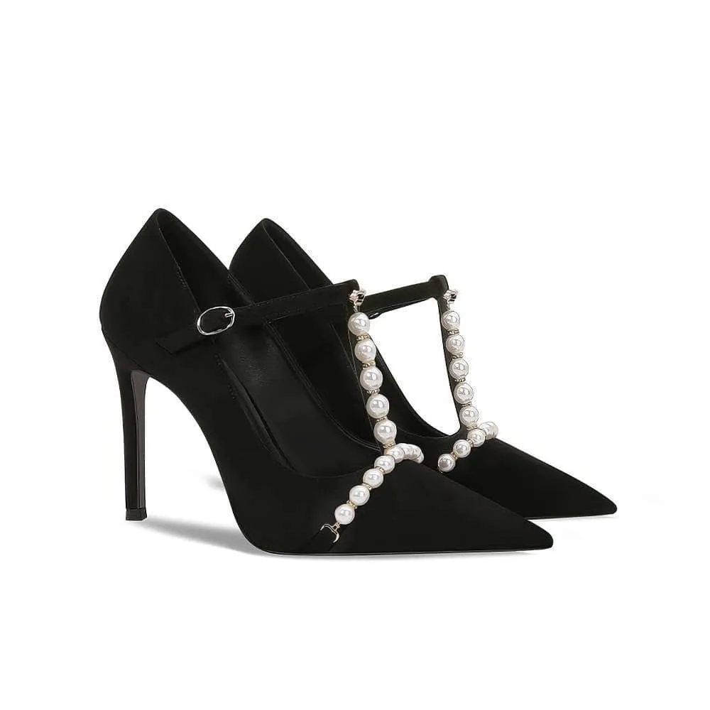 Pearl Detailed Pointy Toe Ankle Strap Heels