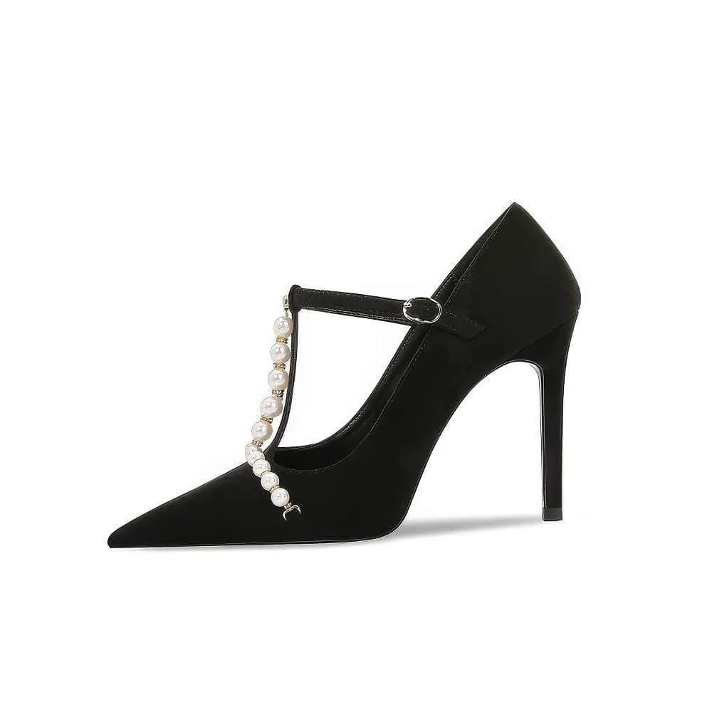 Pearl Detailed Pointy Toe Ankle Strap Heels