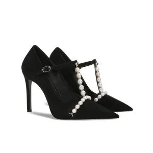 Pearl Detailed Pointy Toe Ankle Strap Heels