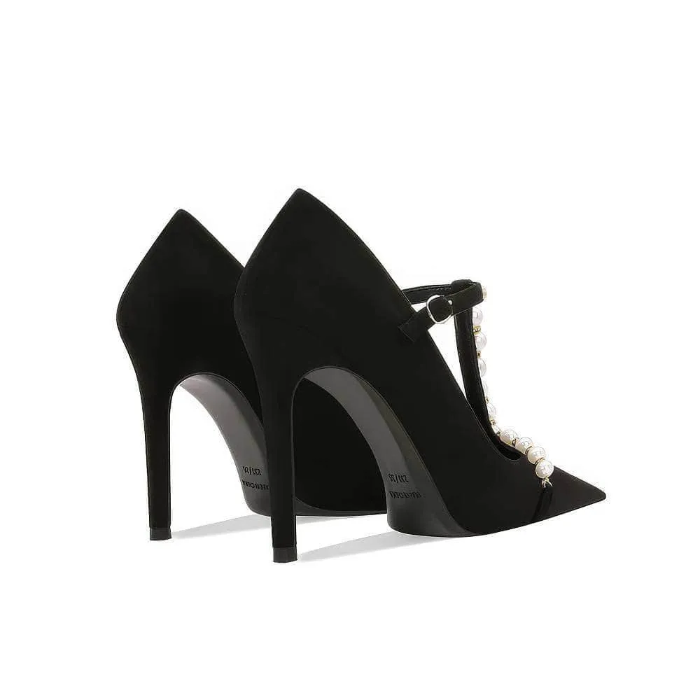 Pearl Detailed Pointy Toe Ankle Strap Heels