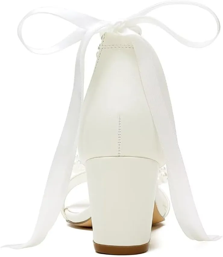 Pearl Heels Bridal Shoes Wedding Shoes for Bride Block Heel Wedding Sandals Wedding Heels with Bow