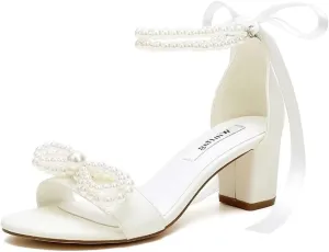 Pearl Heels Bridal Shoes Wedding Shoes for Bride Block Heel Wedding Sandals Wedding Heels with Bow