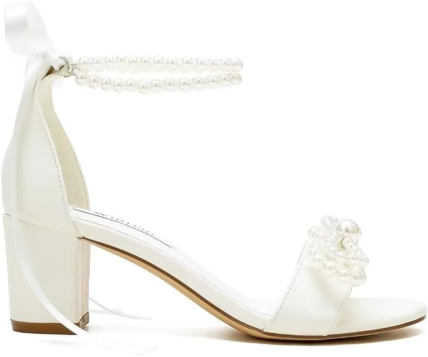 Pearl Heels Bridal Shoes Wedding Shoes for Bride Block Heel Wedding Sandals Wedding Heels with Bow