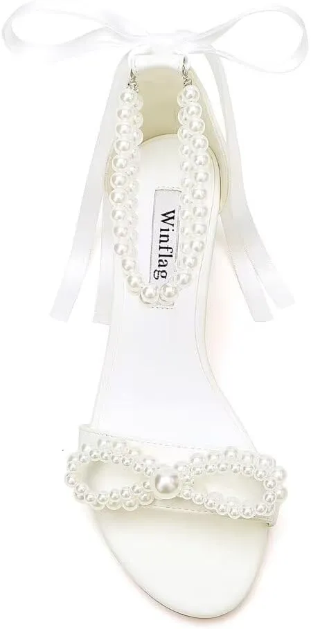 Pearl Heels Bridal Shoes Wedding Shoes for Bride Block Heel Wedding Sandals Wedding Heels with Bow