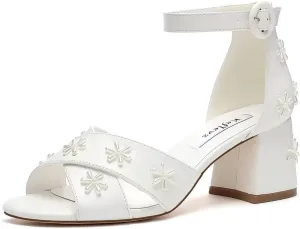 Pearl Heels Open Toe Wedding Shoes for Bride Block Heel Wedding Sandals Ankle Buckle Strap Bridal Shoes