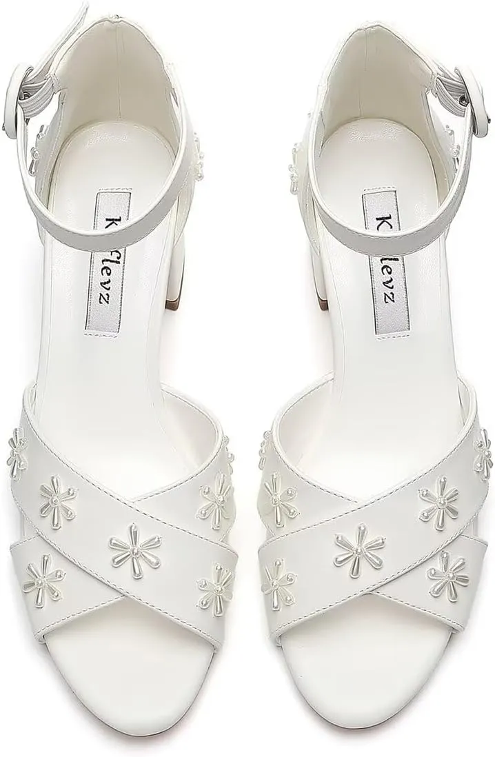 Pearl Heels Open Toe Wedding Shoes for Bride Block Heel Wedding Sandals Ankle Buckle Strap Bridal Shoes
